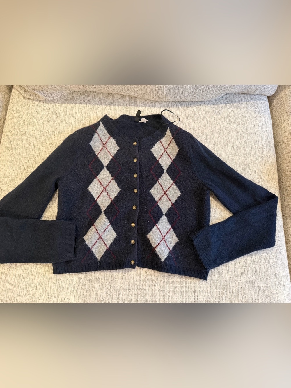 Navy Argyle Button-Front Cardigan with Gray and Red Accents